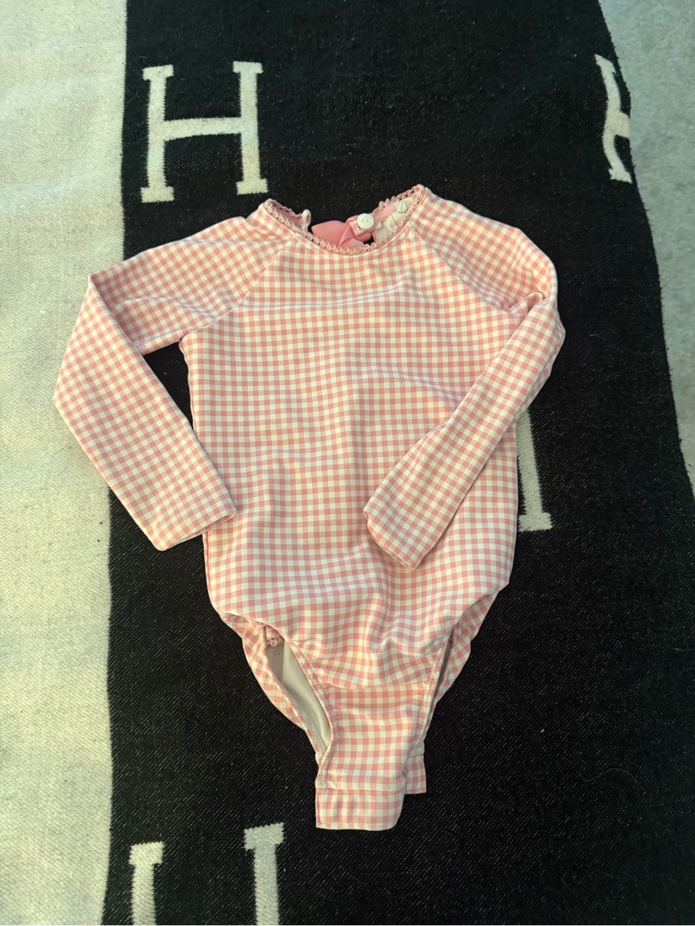 Long-Sleeve Pink Gingham One-Piece Swimsuit for Kids